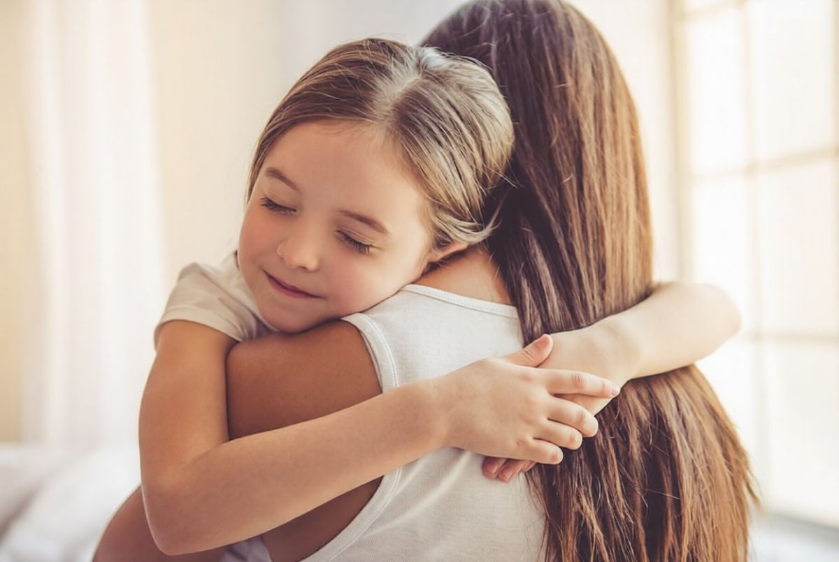 A mother hugging her daughter