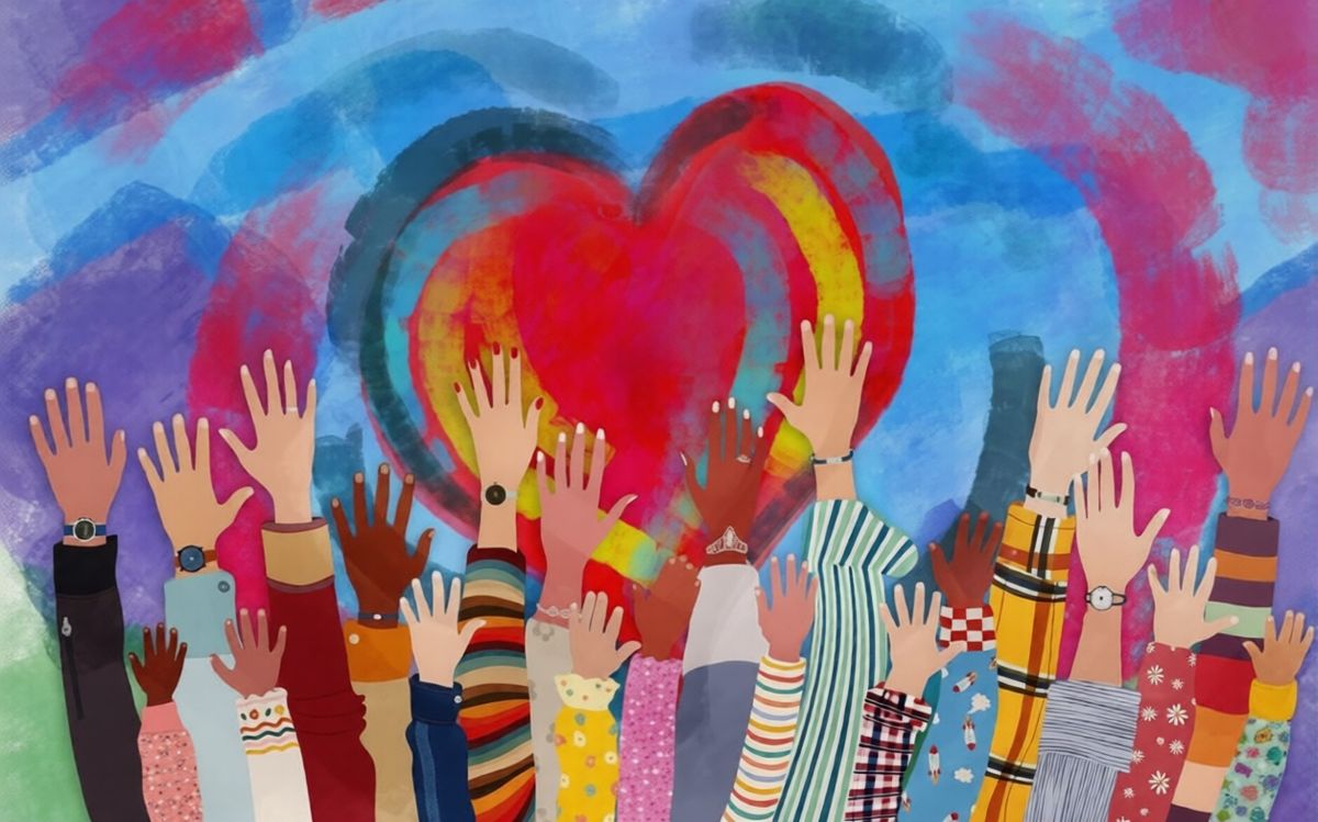 A colorful painting of many raised hands reaching toward a heart