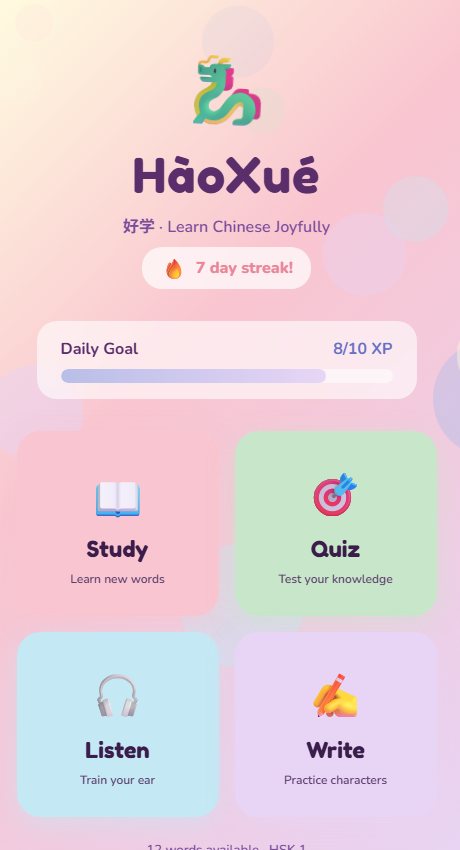 HaoXue: a pastel app screen with Study, Quiz, Listen and Write modes and a dragon mascot