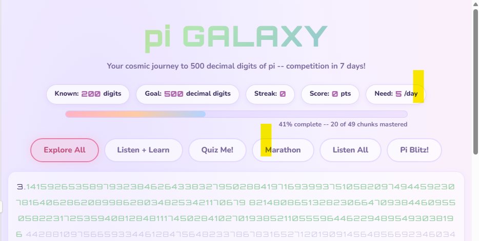 Pi Galaxy: a pastel screen showing the digits of pi in color-coded chunks
